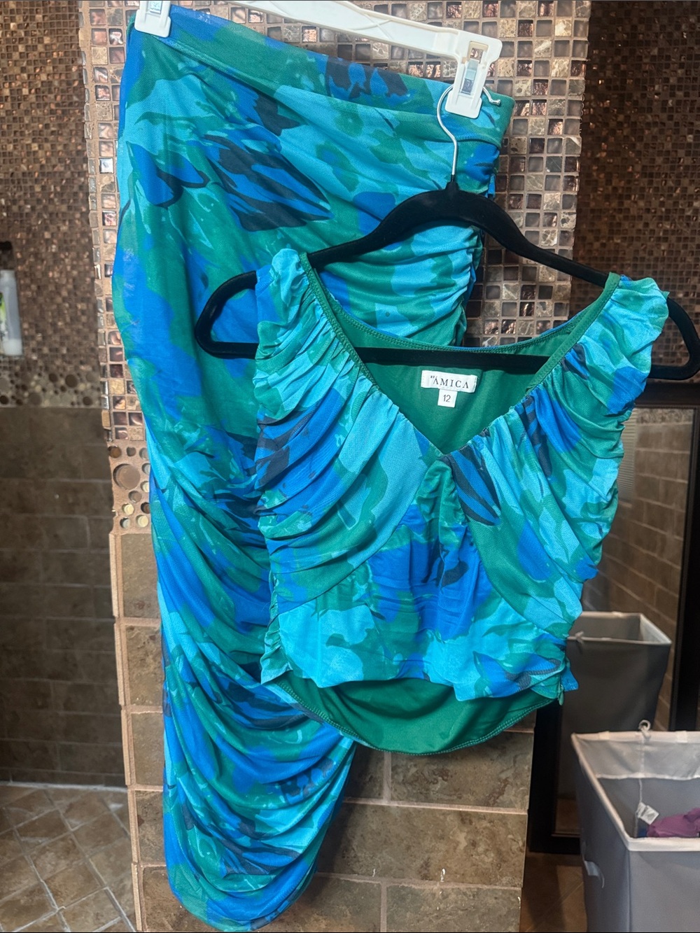 Blue-Green Ruched Maxi Skirt Set